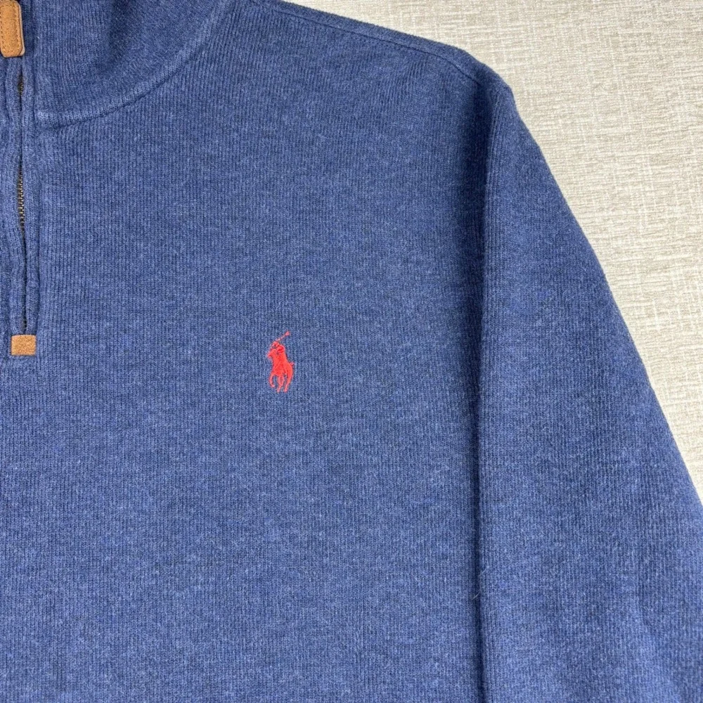 Polo Ralph Lauren Mens Blue Heather Quarter Zip Pullover Sweater Large Red Pony